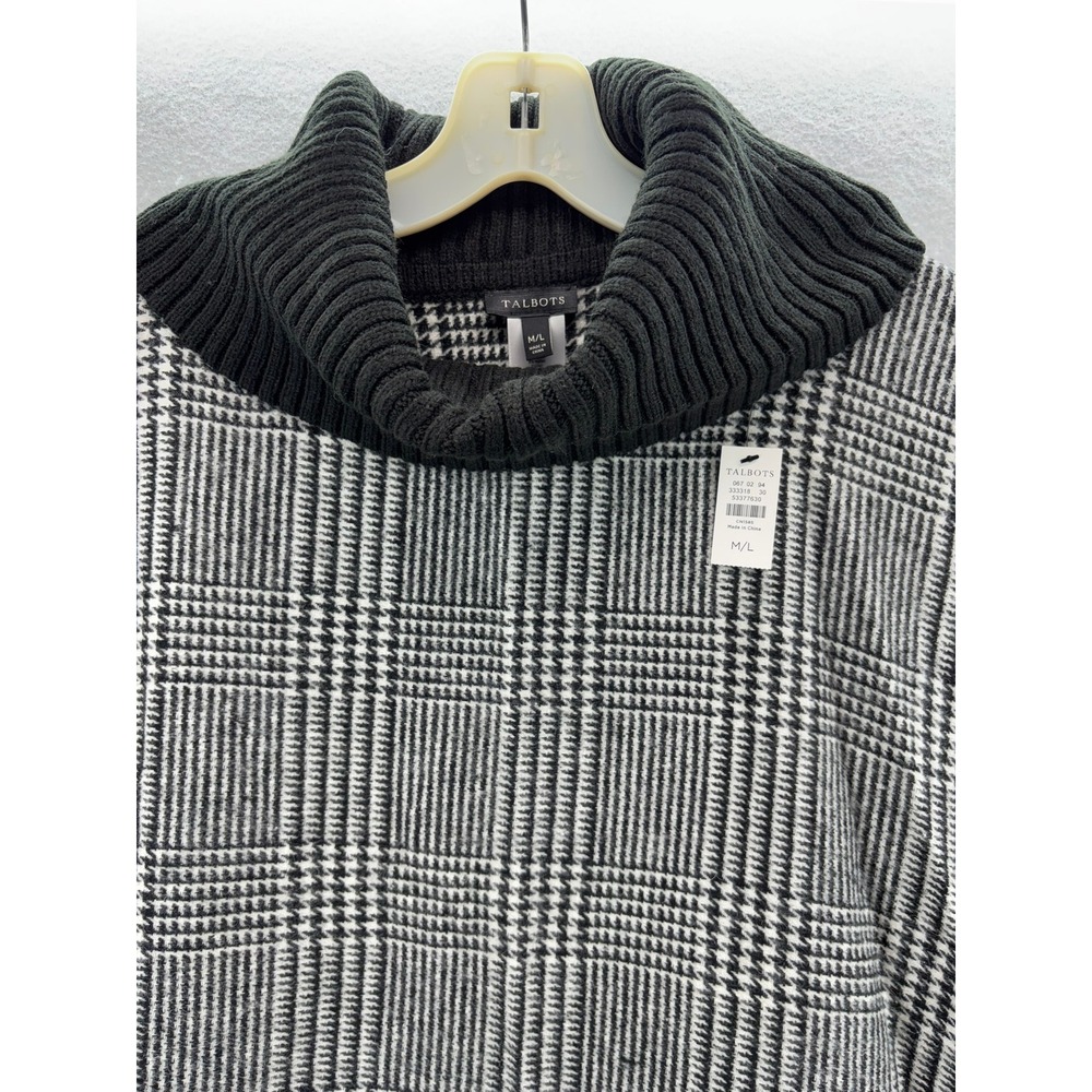 NWT Talbots Poncho Women ML Black White Glen Plaid Fringe Turtleneck Wool Blend - Picture 9 of 12